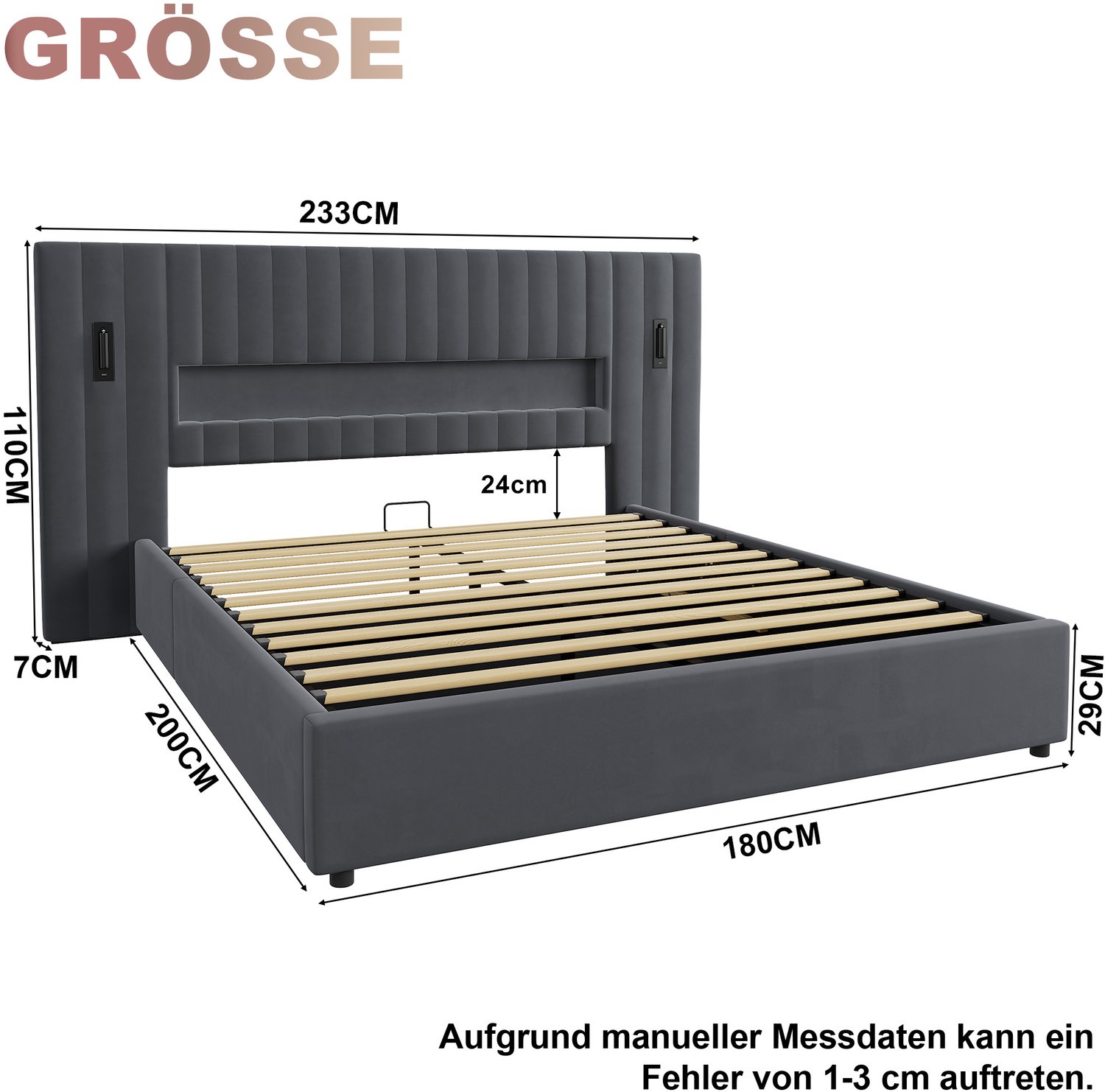 HAUSS SPOLE Gestoffeerd Bed 180x200 cm - Tweepersoonsbed Met Hydraulische Opbergruimte En Leeslampen - Zonder Matras - Fluweel - Donkergrijs