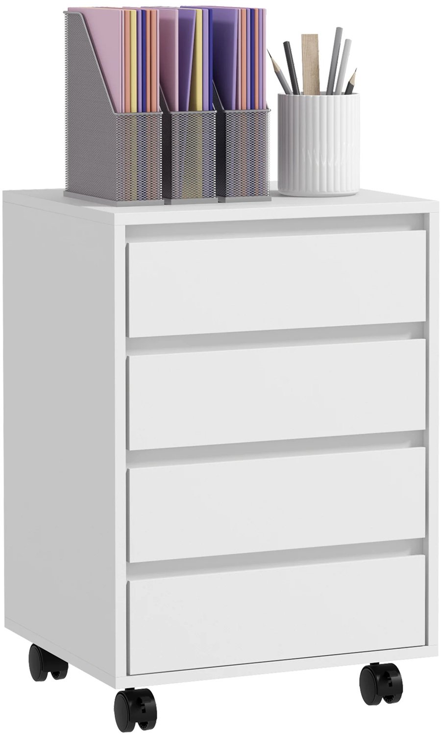 MokoHub Bureaukast op Wielen met 4 Schuifladen - Verrijdbaar Bureau Ladeblok - Rolcontainer voor Kantoor - 46x40x65 cm - Wit