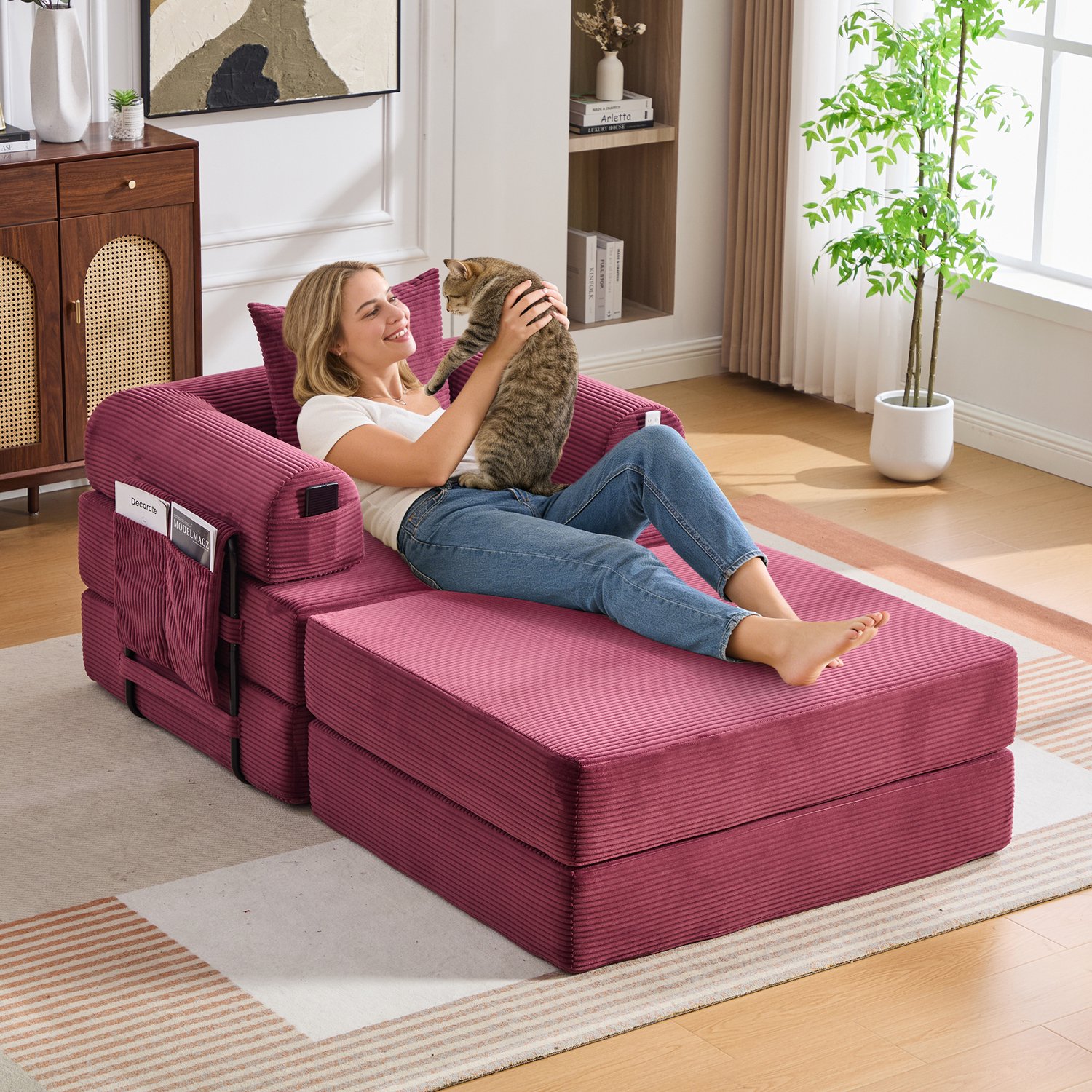 Welltin Fauteuil met hocker - metalen frame - opbergvak en kussen - 300 kg - ribfluweel - 112 x 190 x 67 cm - Wijnrood
