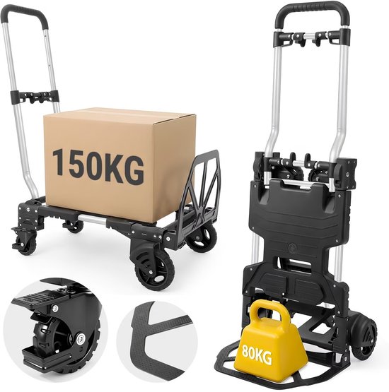 Veelzijdige steekwagen/platformwagen voor 150kg of 80kg belasting, met stevig zwart frame en zwenkwielen.