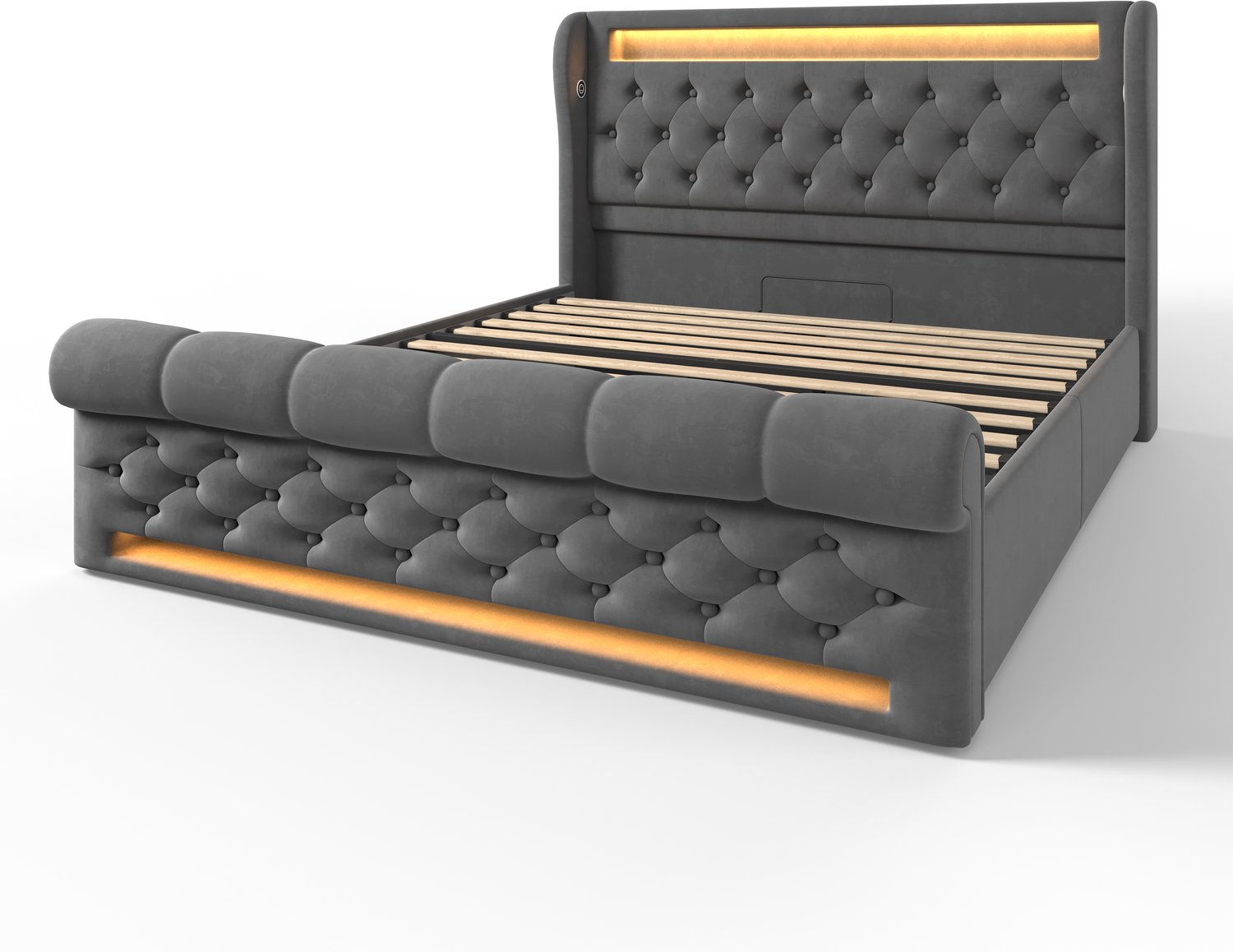 MUVANO Gestoffeerd bed 140x200 cm - Tweepersoonsbed met matras - Hydraulische opbergruimte - Led en USB-C - Fluweel met knopen - Slaapkamer grijs