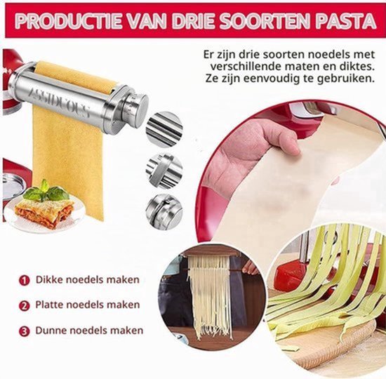 Roestvrijstalen pastaopzetstuk voor keukenmachine, deegroller en snijder voor, pastamachine, roestvrij staal, 3 stuks, pastamachet, waterwasbaar met borstel — afbeelding 3