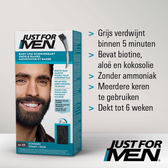 Just For Men baardverf in zwart, verwijdert grijs in 5 minuten. Inclusief borstel.
