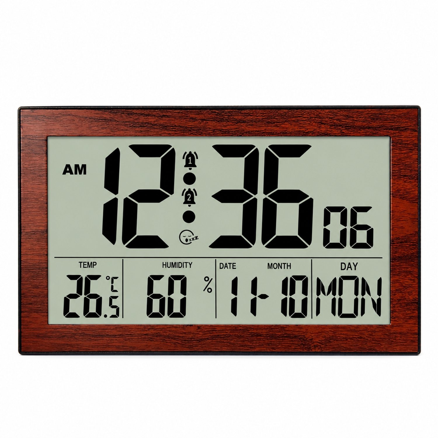 wekker met LCD-scherm - Digitale wandklok met temperatuur, luchtvochtigheid en kalender - Bruine houtlook zonder achtergrondverlichting - Op batterijen - 20,2 x 12,4 x 2,6 cm
