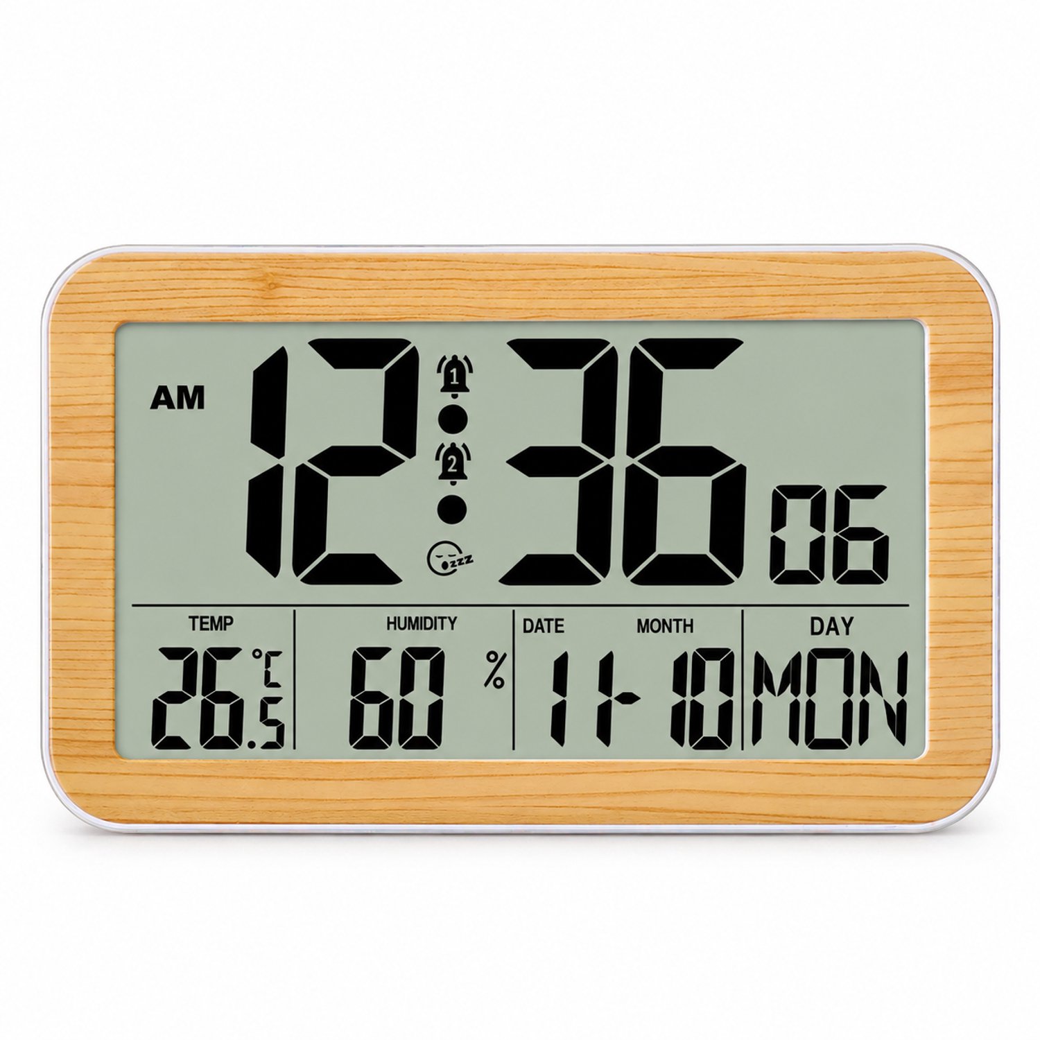 wekker - Digitale lcd-wandklok met temperatuur, luchtvochtigheid en kalender - Bamboehoutnerfpatroon, zonder achtergrondverlichting - 20,2 x 12,4 x 2,6 cm