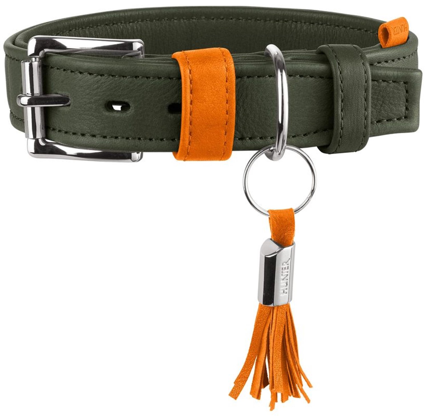 Hondenhalsband PORTOFINO - Premiumleer - Olijf/Oranje - 40 cm