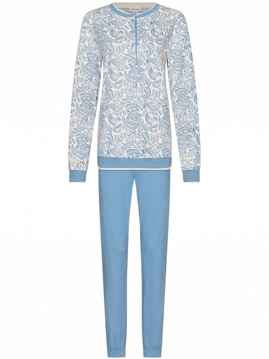 Pastunette pyjama met wit-blauwe paisleyprint top met lange mouwen en effen blauwe broek.