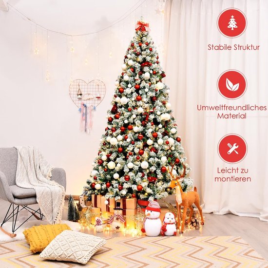 KOMFOTTEU Kunstkerstboom met leds, warmwit - kunstdennenboom wit met sneeuw - decoratieve boom voor Kerstmis, pvc-naalden en metalen standaard (225 cm）