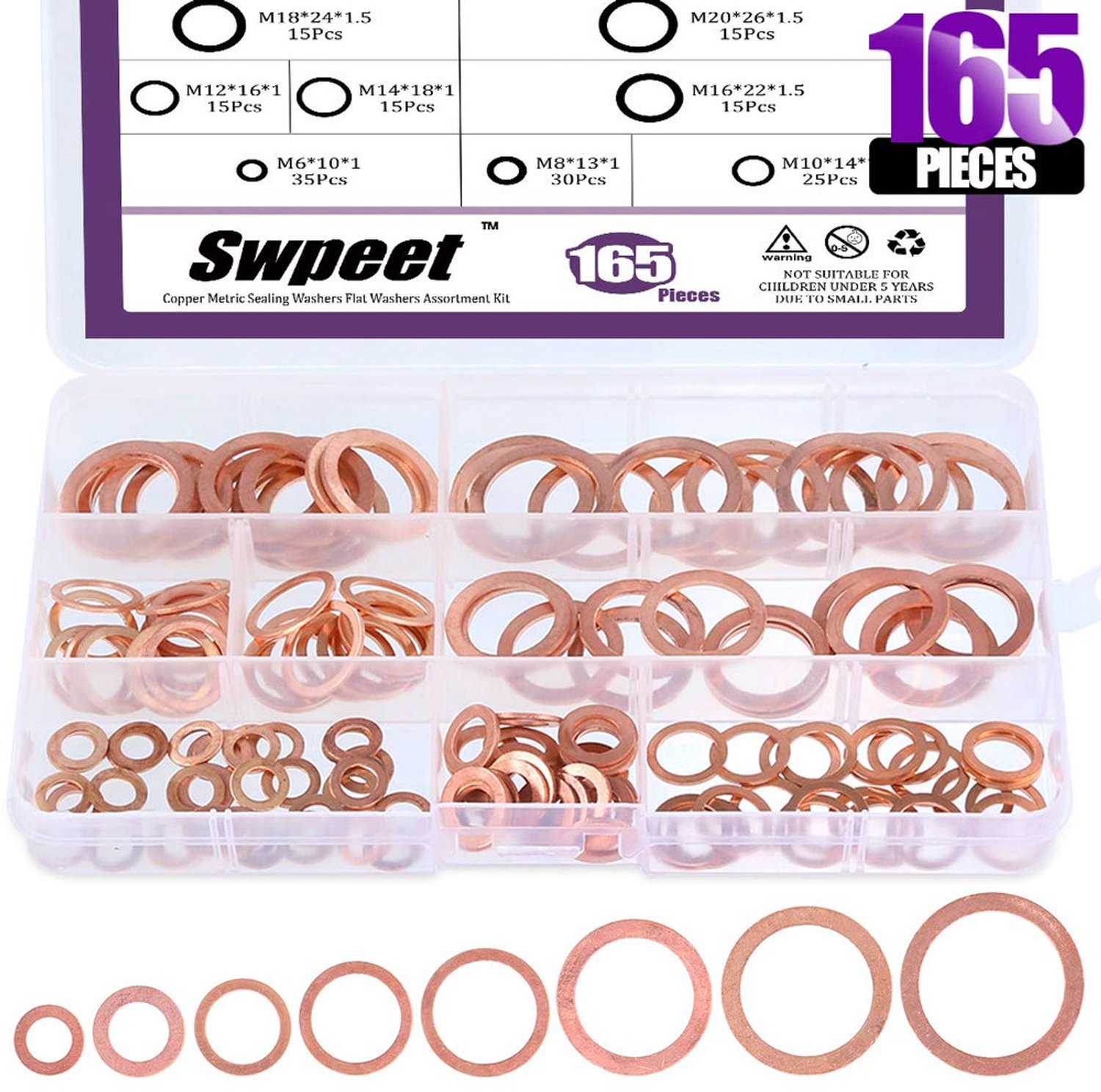 165 stuks 8 maten koperen metrische afdichtingsringen platte ringen assortiment kit, inclusief M6 M8 M10 M12 M14 M16 M18 M20 perfect voor elektrische aansluitingen