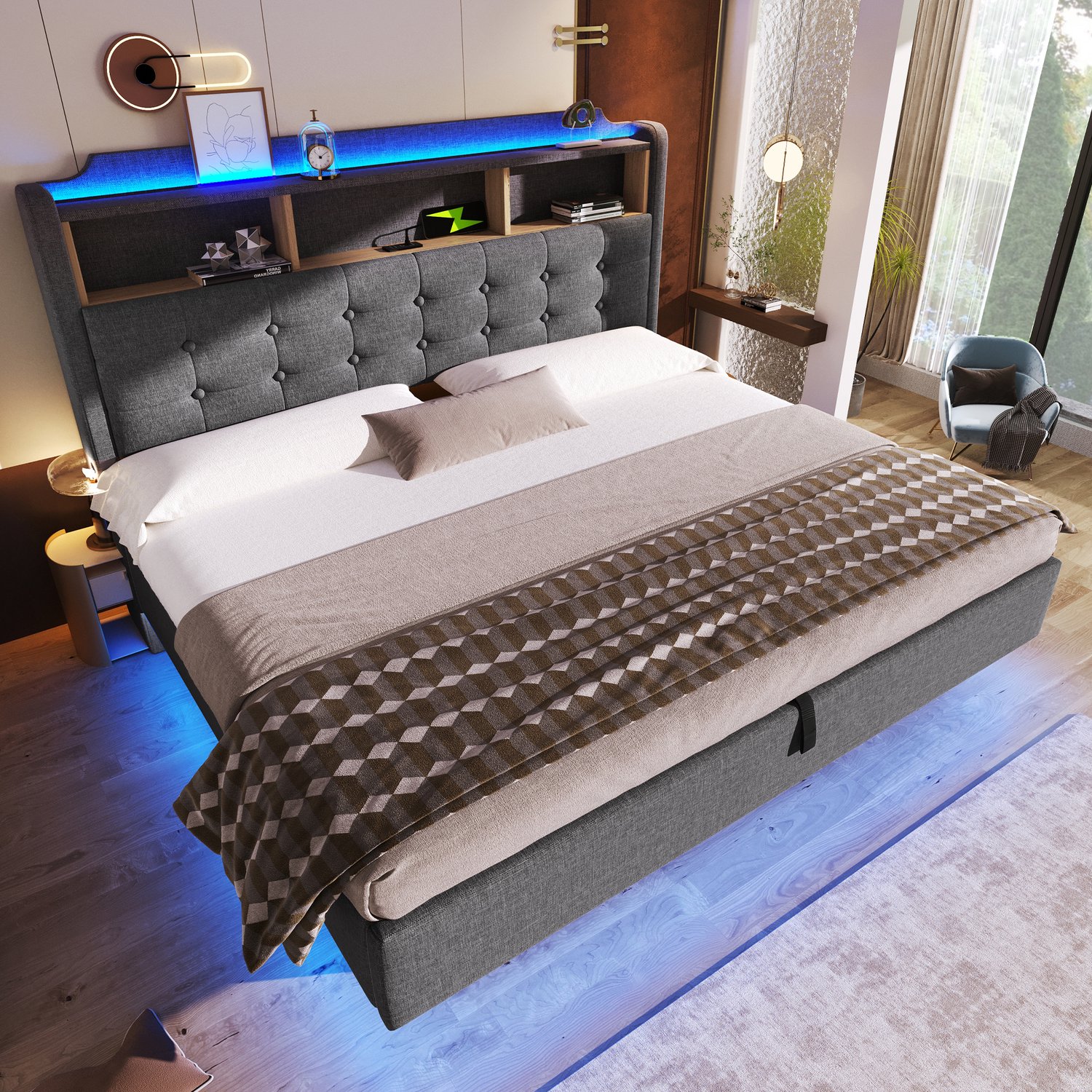 WUVRIE Gestoffeerd bed 180x200 cm - Hydraulische opbergruimte, LED en USB - Grijs