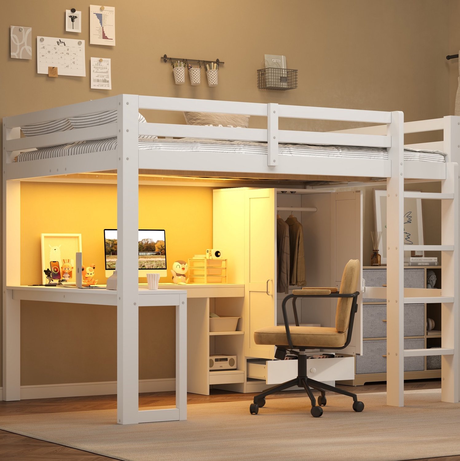 OKWISH Hoogslaper 140 x 200 cm - Met Bureau en Ledverlichting - Met Kledingkast, Lade en Planken - Hout en Mdf - Wit - Zonder matras