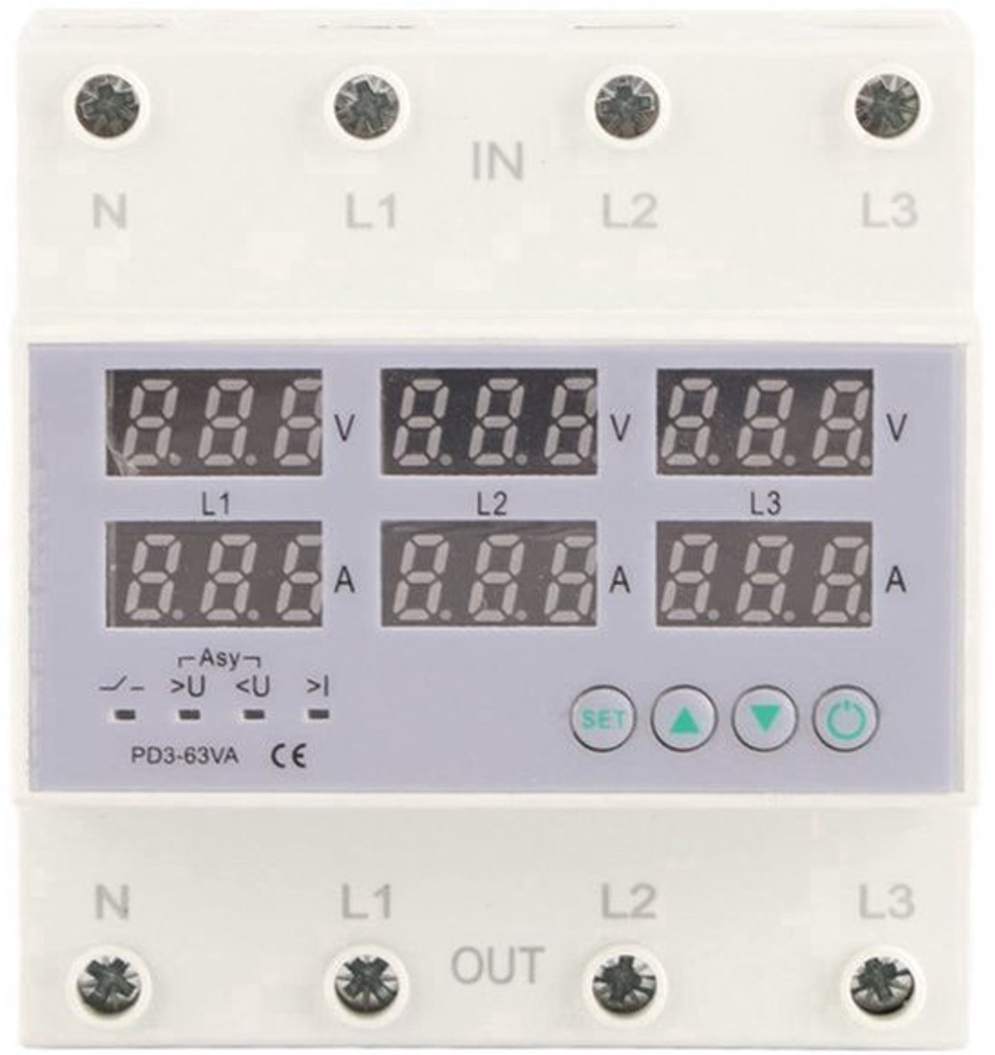 3-fase DIN-rail Multitester met Voltmeter Ampèremeter Automatische Overspannings- en Overstroombeveiliging AC230-300V 63A