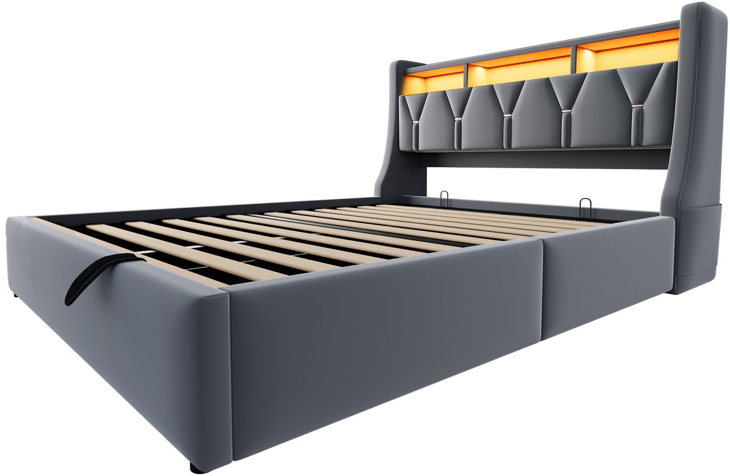 Wishdor Tweepersoonsbed 160x200 cm - Hydraulische opbergruimte onder de lattenbodem - Omklapbaar hoofdbord met opbergvakken en stopcontact - LED-verlichting - Grijs fluweel en MDF