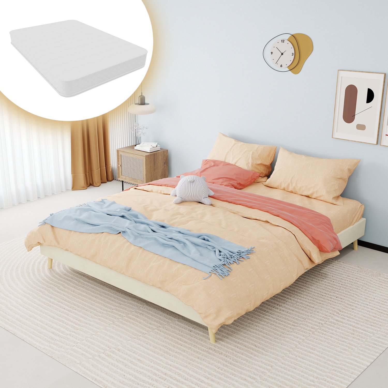 WUVRIE Tweepersoonsbed 160x200 cm - Bedframe met lattenbodem en metalen ondersteuning - Beige