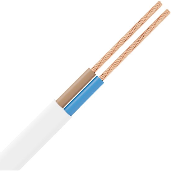 Wit 2-aderig kabel 0.75mm met koperen geleiders, een bruine en een blauwe ader.