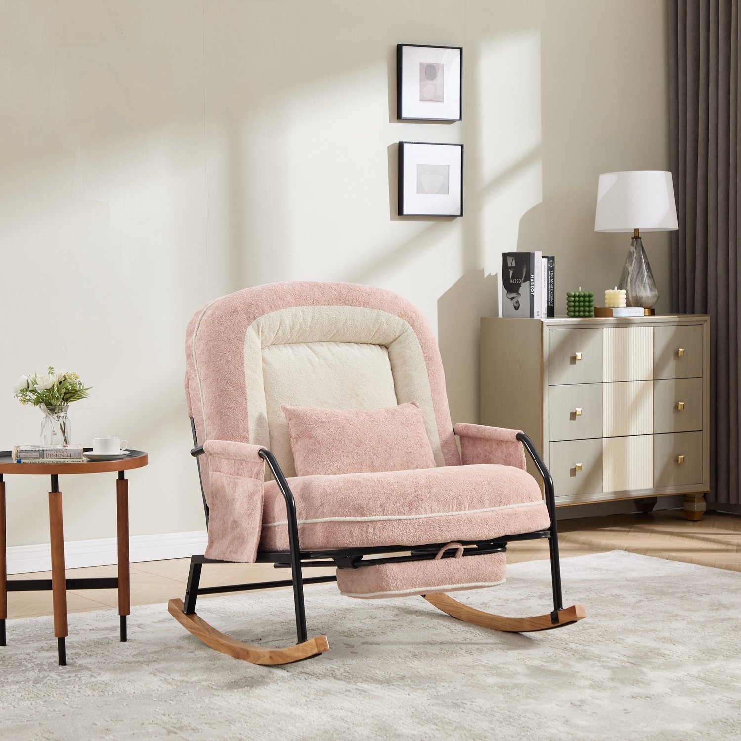 MIVRAY Schommelstoel 80 Bij 87 Bij 95 Cm - Verstelbare Rugleuning En Uittrekbare Voetensteun - Voor Woonkamer En Balkon - Imitatiebont Roze