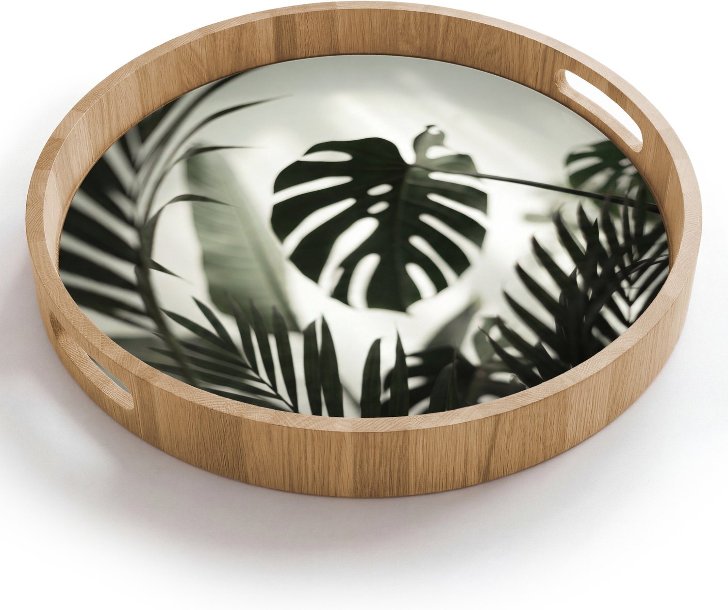 Dienblad rond 40x40 cm - Schootdienblad hout - Planten - Bladeren - Natuur - Minimalistisch - Groen - Borrelplank rechthoek - Plateau houten dienbladen