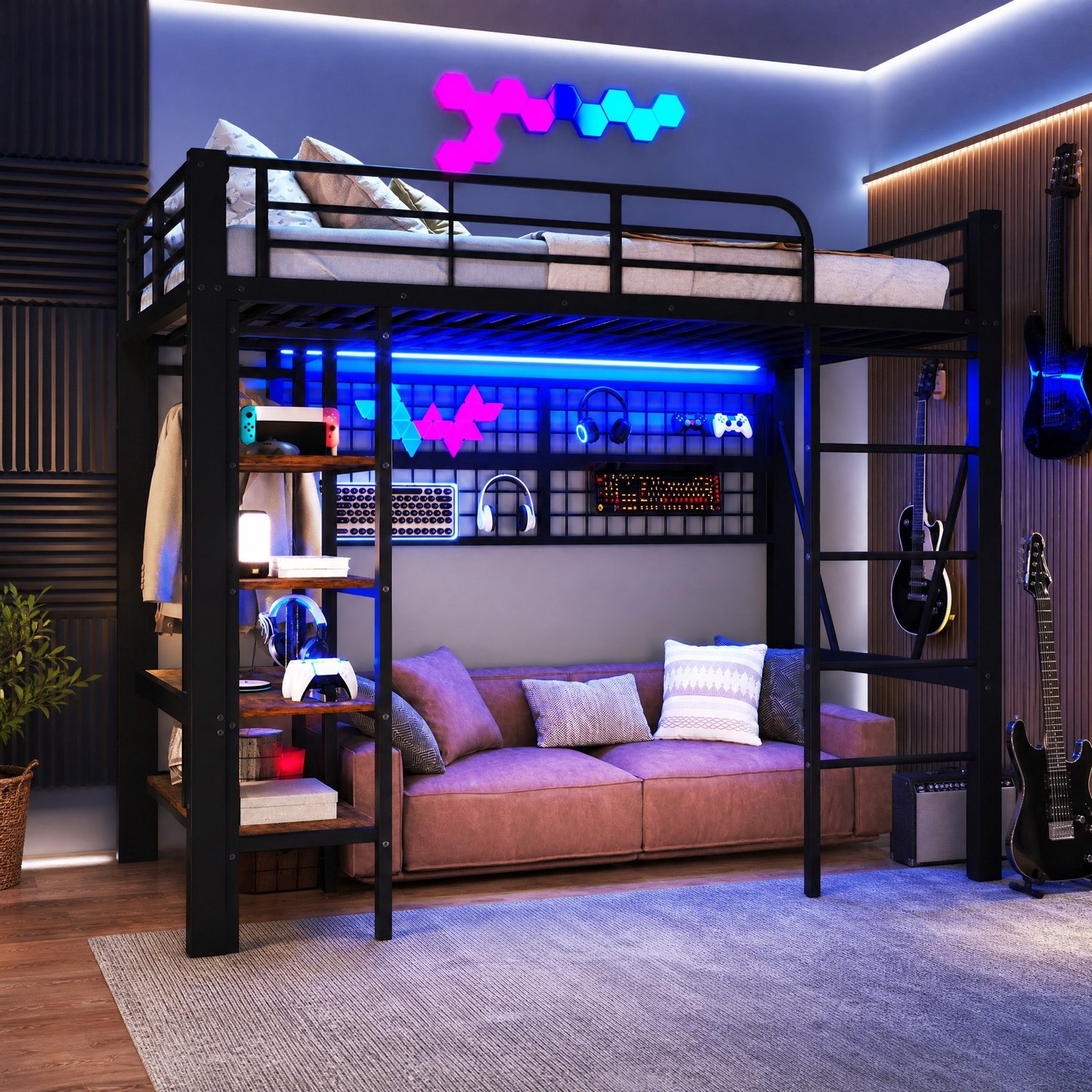 WUVRIE Hoogslaper 90x200 cm - Met opbergvak, ophangnet en verstelbare LED-verlichting - Zwart