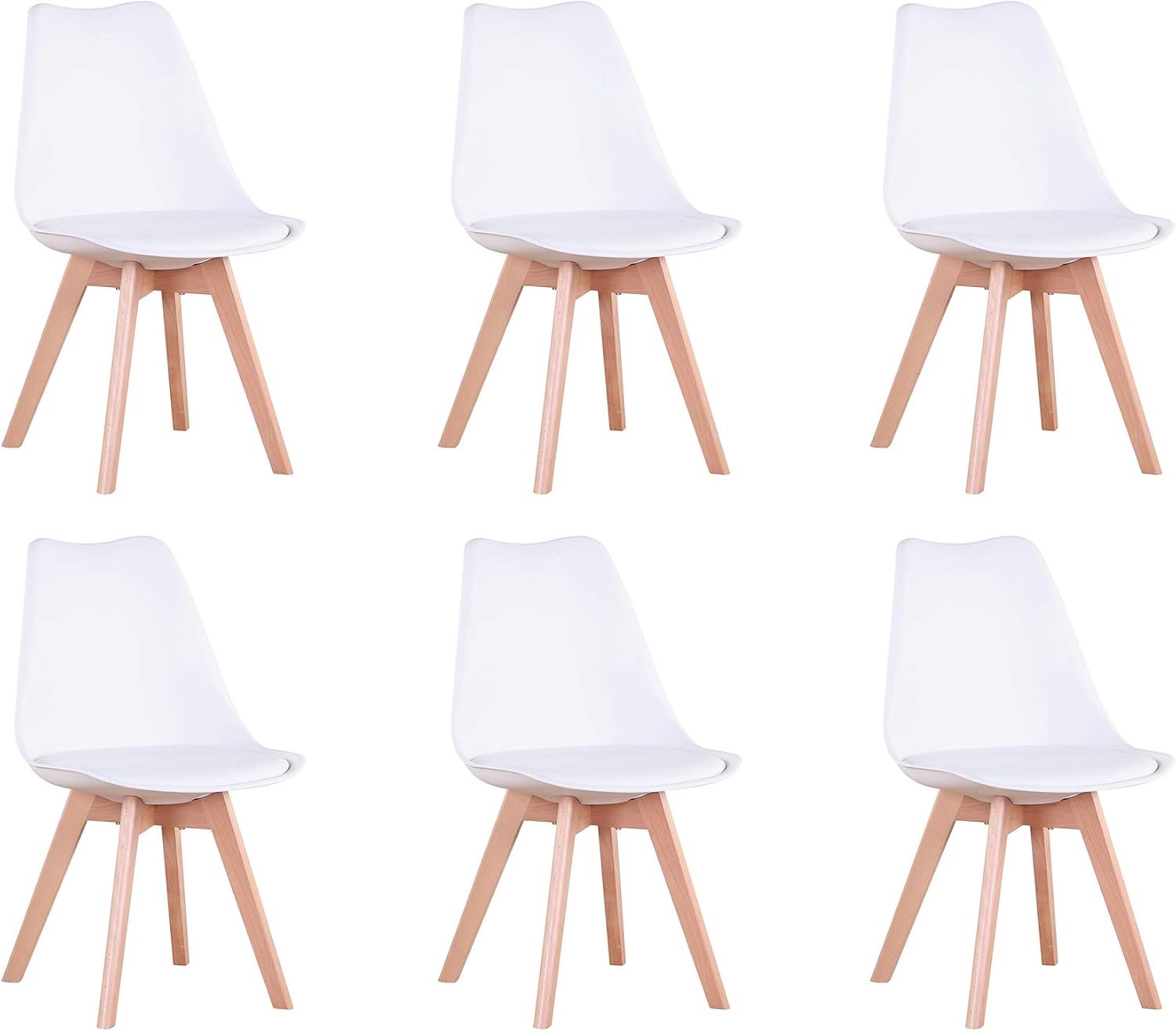 Nordic Comfort Eetkamerstoelen Set van 6 – Witte Scandinavische Kuipstoelen met Gestoffeerde PU-Lederen Zitting, Ergonomische Hoge Rugleuning en Massief Beukenhouten Poten – Moderne Designstoelen voor Eetkamer, Keuken en Woonkamer