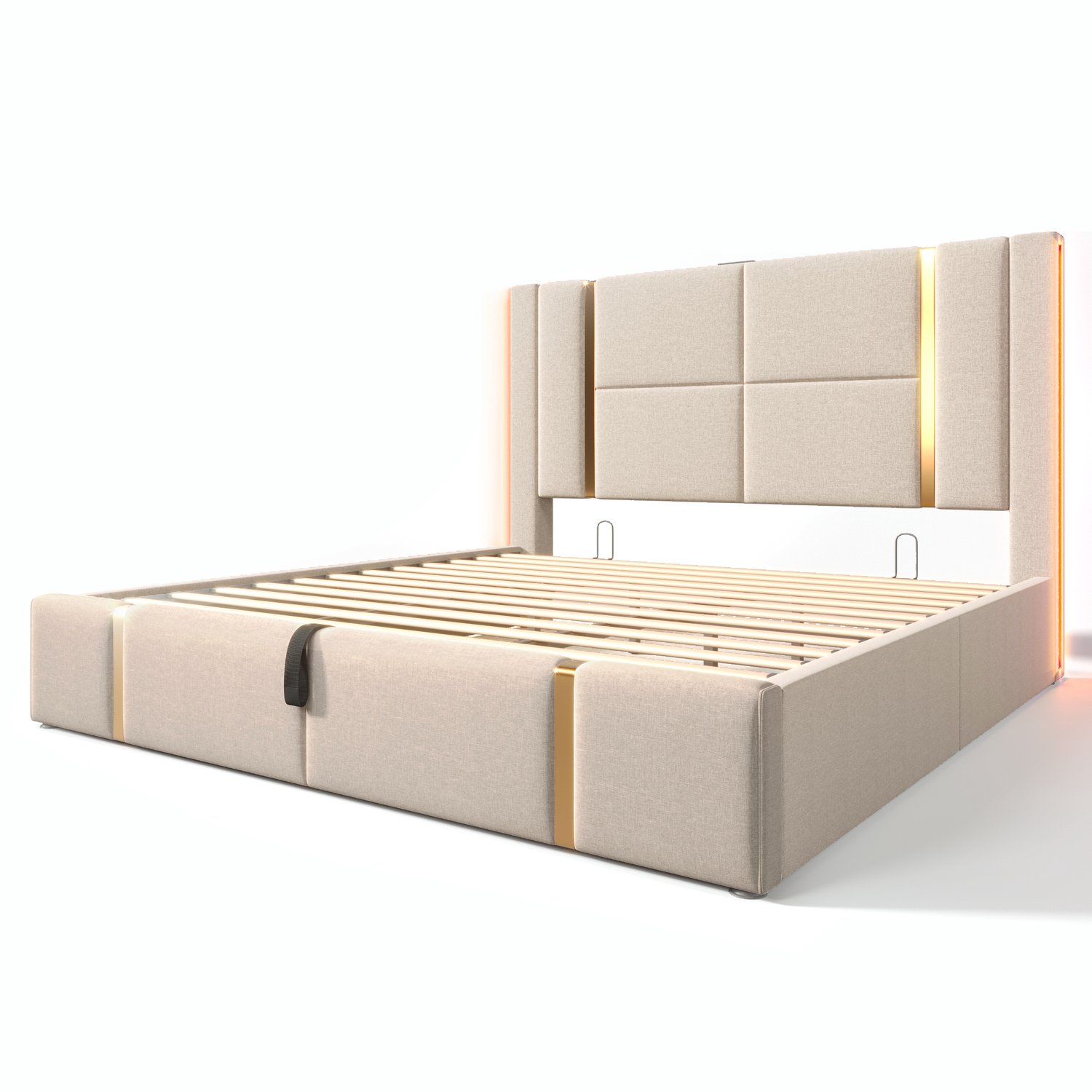 MUVANO Gestoffeerd bed 160x200 cm - tweepersoonsbed met opbergruimte - bed met LED en USB Type-C - beige linnen - lattenbodem voor slaapkamer