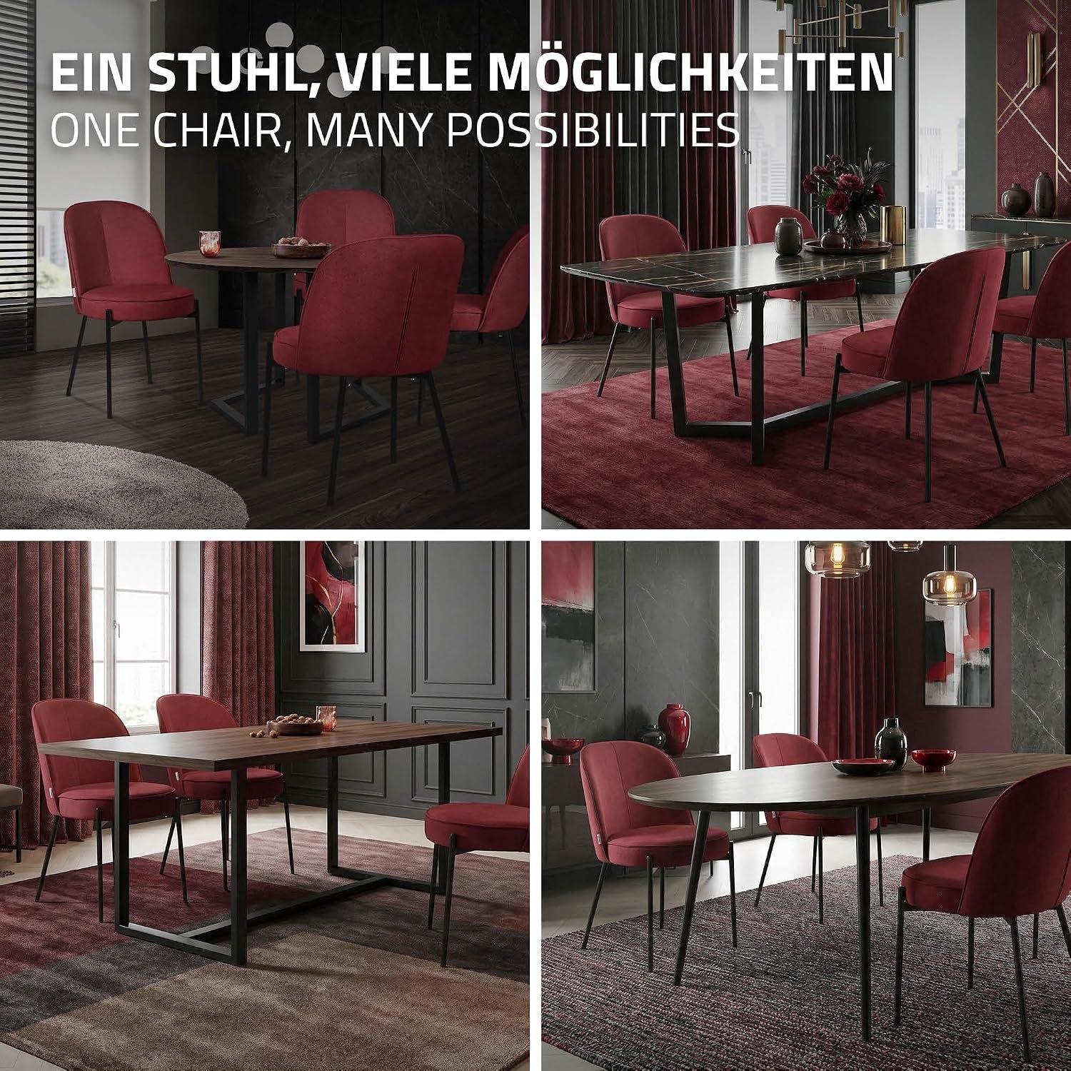 Set van 2 Rood – Comfortabele Gestoffeerde Keukenstoelen met Ergonomische Rugleuning, Zachte Polyester Bekleding, Stevige Zwart Metalen Poten en Verstelbare Vloerbeschermers, Moderne Stoelen voor Eetkamer, Keuken en Woonkamer, 63 × 50 × 83 cm