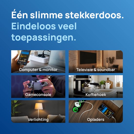 Zes verschillende toepassingen voor de Shelly Power Strip, waaronder voor computers, consoles, verlichting en koffiehoeken.