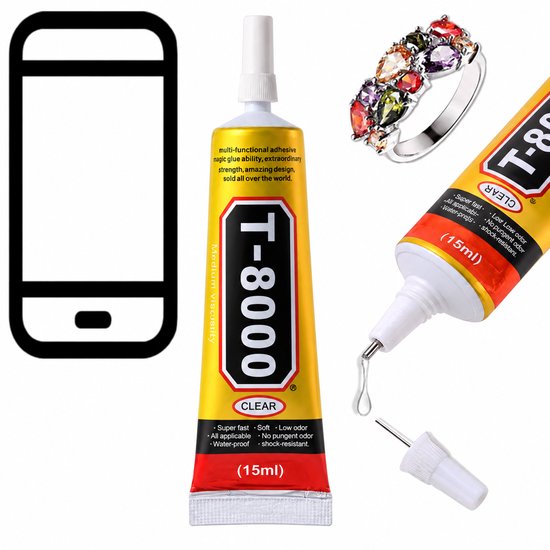 Tube T-8000 15ml met precisienaald en dop, tonend gebruik voor smartphones en sieraden.