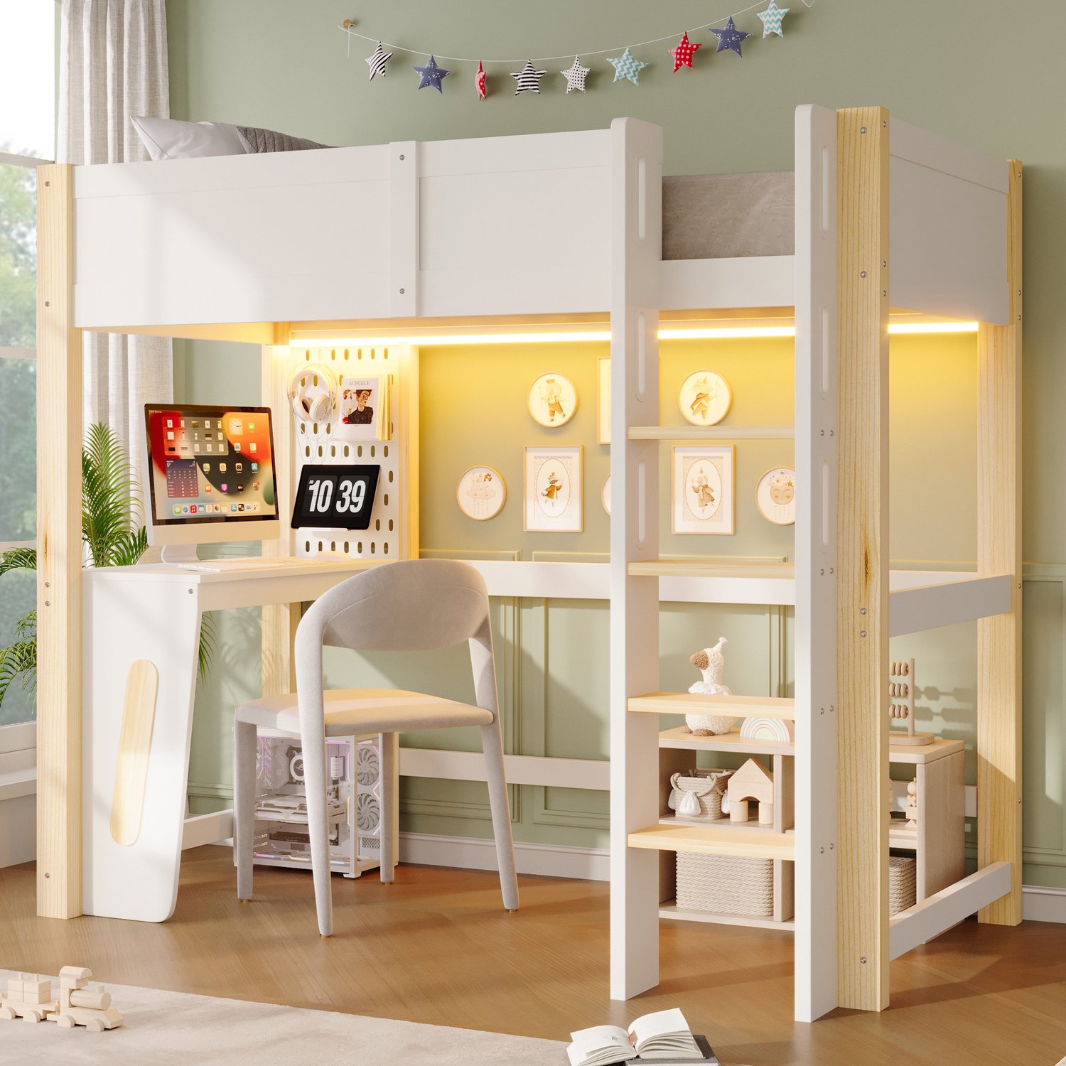 STILVORA Hoogslaper 90x200 cm – Met Bureau en Gatenbord – Ledverlichting – Opbergruimte – Kinderkamer – Hout en Mdf – Zonder Matras – Wit en Naturel
