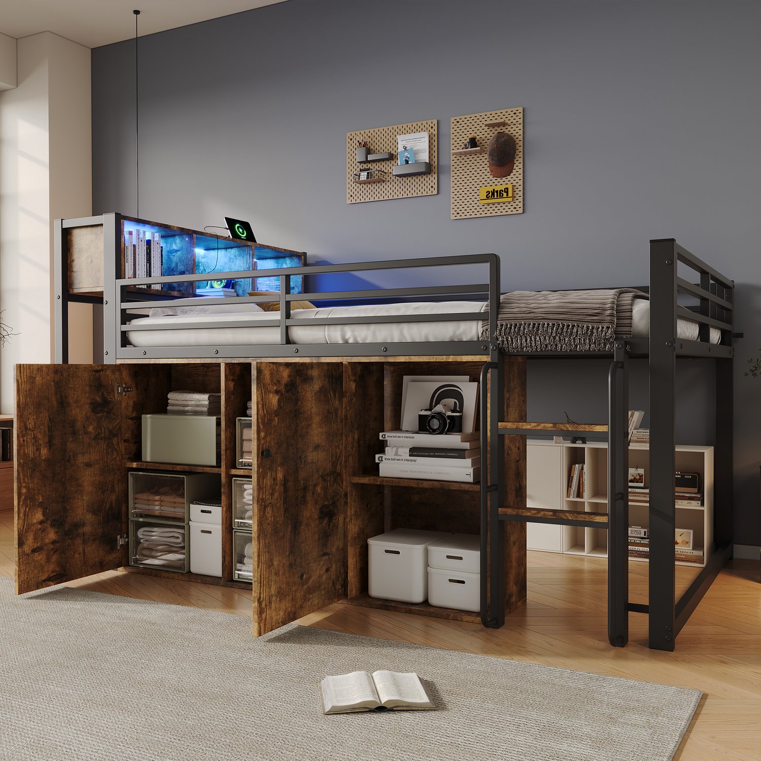 STILVORA Hoogslaper 120x200 cm – Met Opbergkast en Open Vakken – Ledverlichting en Stopcontact – Metaal en Houtlook – Zwart – Zonder Matras Zwart met houtlook