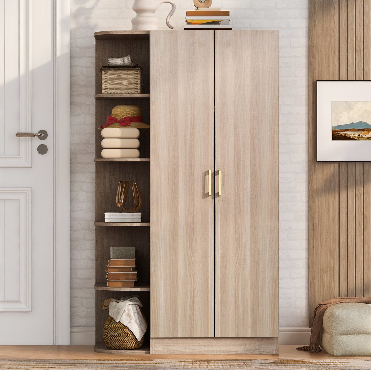 Wishdor Kledingkast met dubbele deuren - Met hanggedeelte, legplanken en lades - Deels open opbergruimte - Voor slaapkamer, woonkamer, kleedkamer en kantoor - MDF, multiplex en metaal - Wit en natuurlijke houtkleur - 90 x 55 x 170 cm Lichte houtkleur
