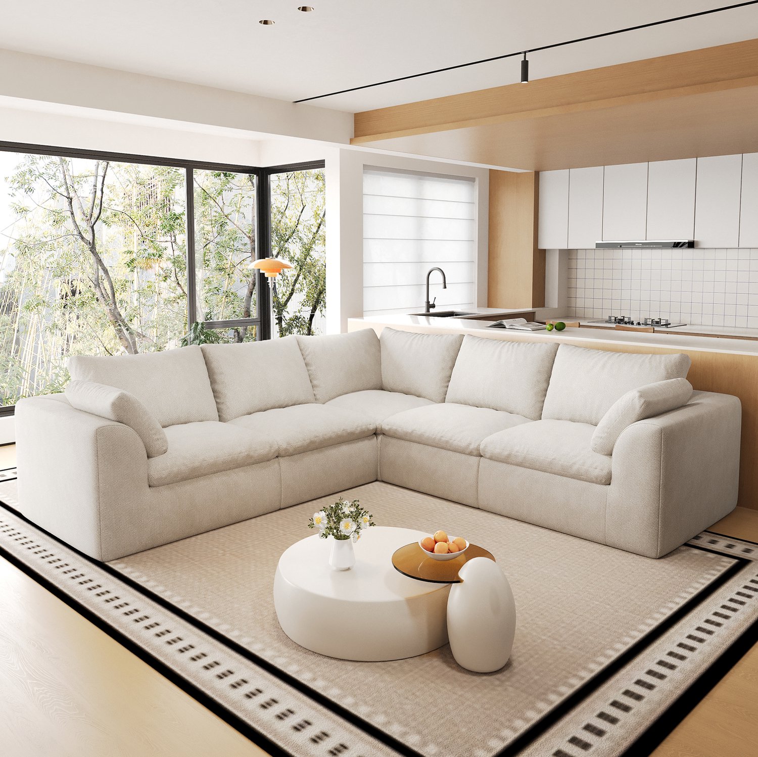 MIVRAY Hoekbank 245 x 245 x 83 cm - V-Vormige 5-Zits met Zachte en Veerkrachtige Schuimvulling - Voor de Woonkamer - Linnen - Beige Wit