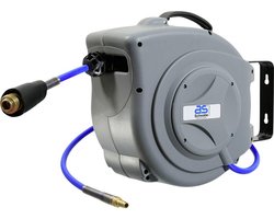 Profi-Druckluft-Schlauch-Aufroller – 15 M PU-Schlauch und 1 M Anschlussschlauch – Drucklufttrommel mit Schlauchstopp und Schnell-Verschlusskupplung – Robuster Aufroller – Grau I 12613