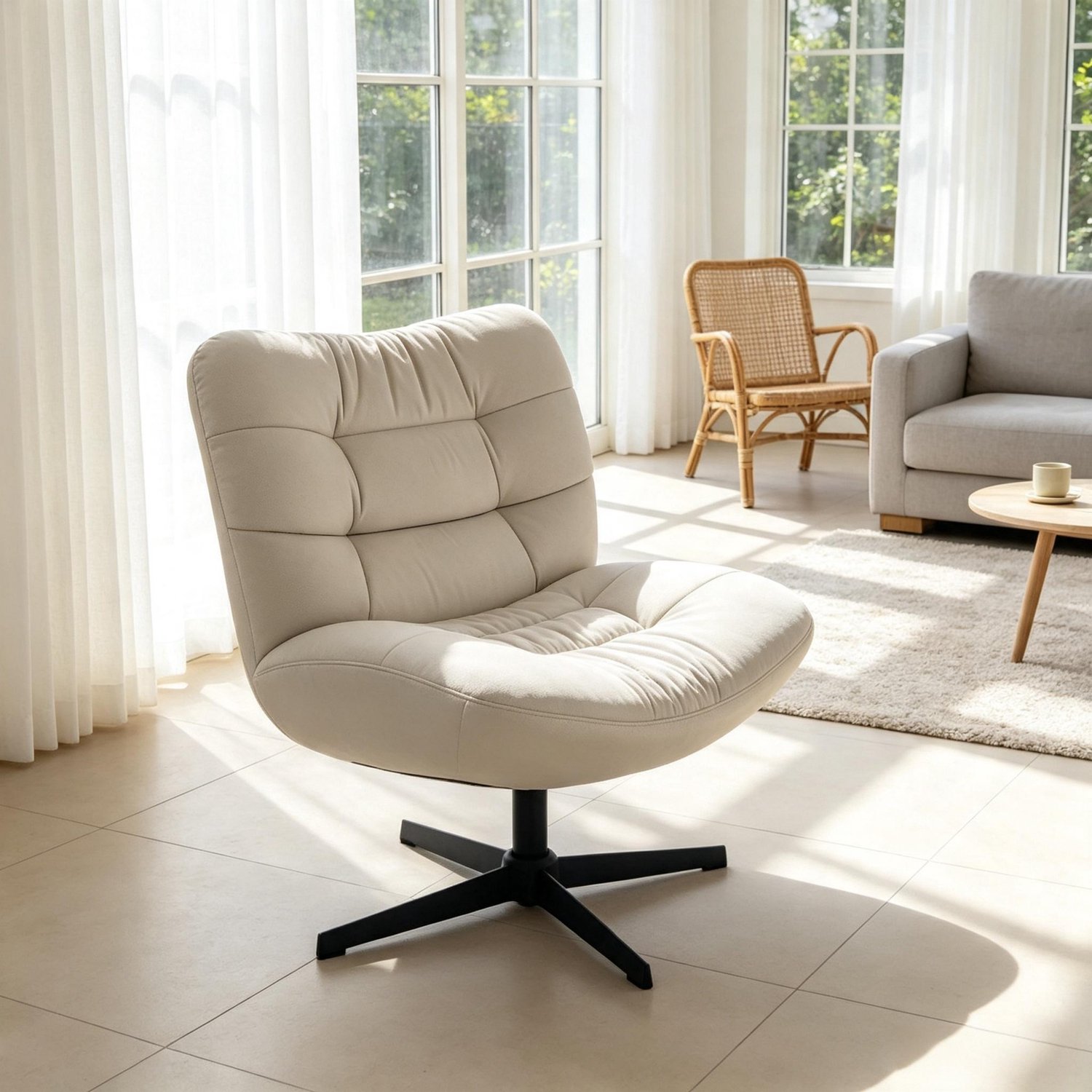 MIVRAY Fauteuil 70 x 80 x 82 cm - Draaibaar Met Brede Rugleuning - Voor Woonkamer En Leeshoek - Chenillestof Crème