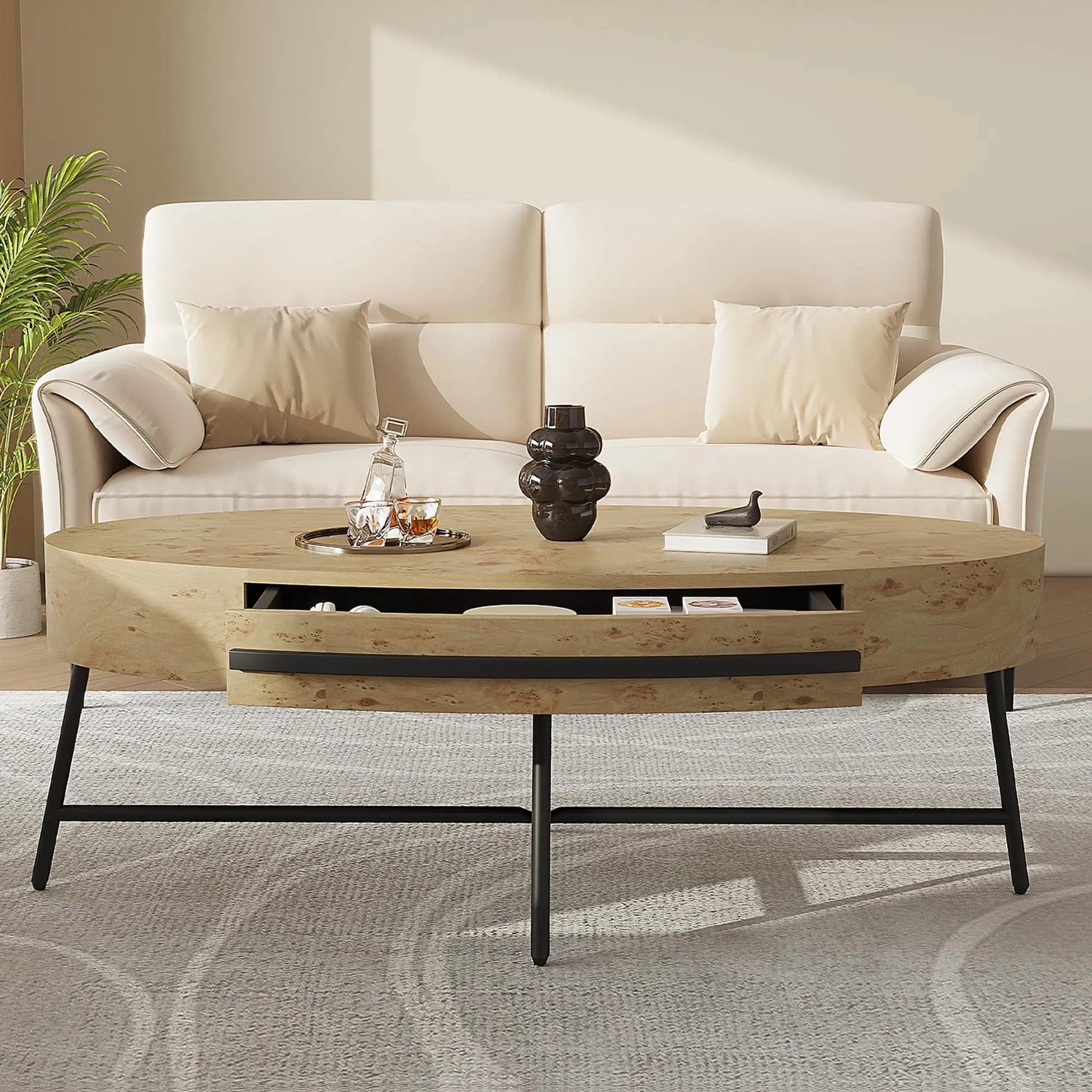 Gudalio Salontafel - Bijzettafel - Koffietafel - Banktafel - Modern - Opbergruimte - Metalen Frame - Hout - 120x60x40 cm - Ovaal