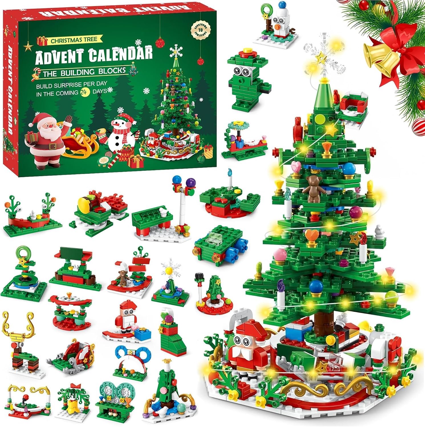 adventskalender 2026 - adventskalender - bouwblokken - aftelkalender voor kers -vakantie-aftelkalender cadeaus - kerstboom bouwset - kerstboom - sneeuwpop en rendier voor jongens en meisjes