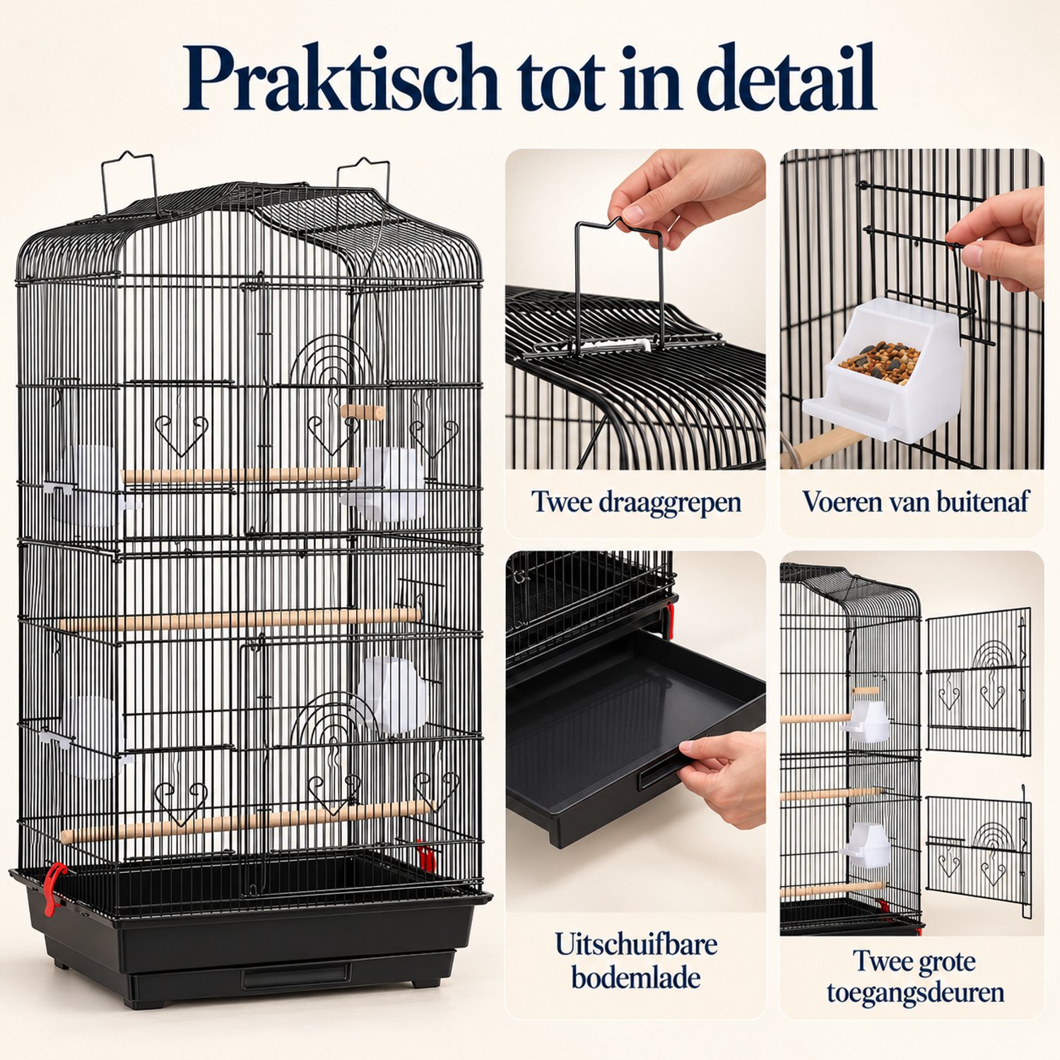 Papa Simba Vogelkooi met Standaard – Open Dak met Zitplaats – 4 Voerbakken – Verrijdbaar – Zwart – HMTM-10002-Black thumbnail 3