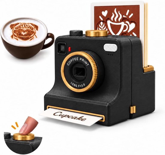 Zwarte koffie-printer in camera-stijl met gouden lens, print 'Cupcake' tekst op schuim met bijgeleverde sjabloonkaarten.