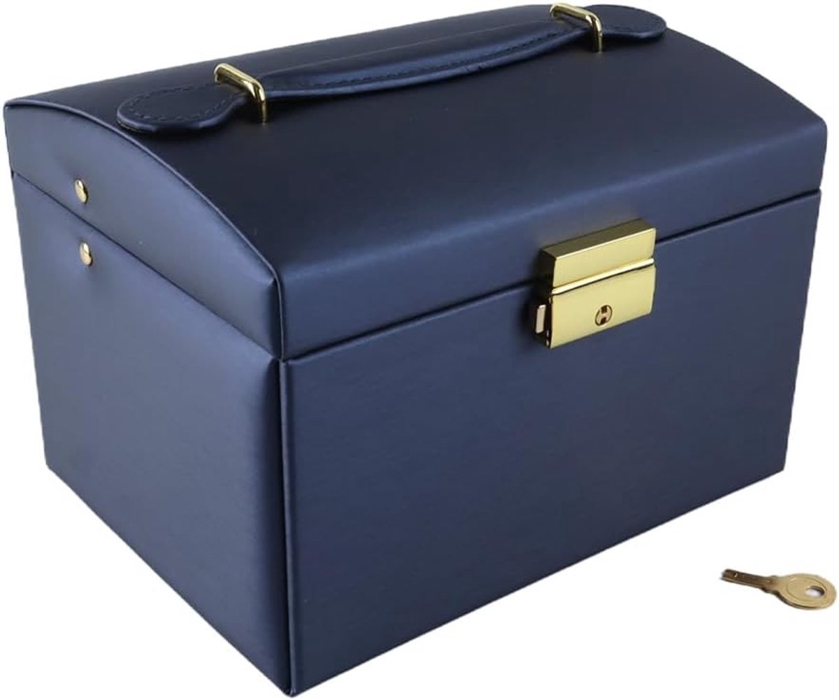 Grote Sieradenbox met Spiegel, 3 Laags Organiser voor Ringen, Oorbellen en Kettingen, Donkerblauw