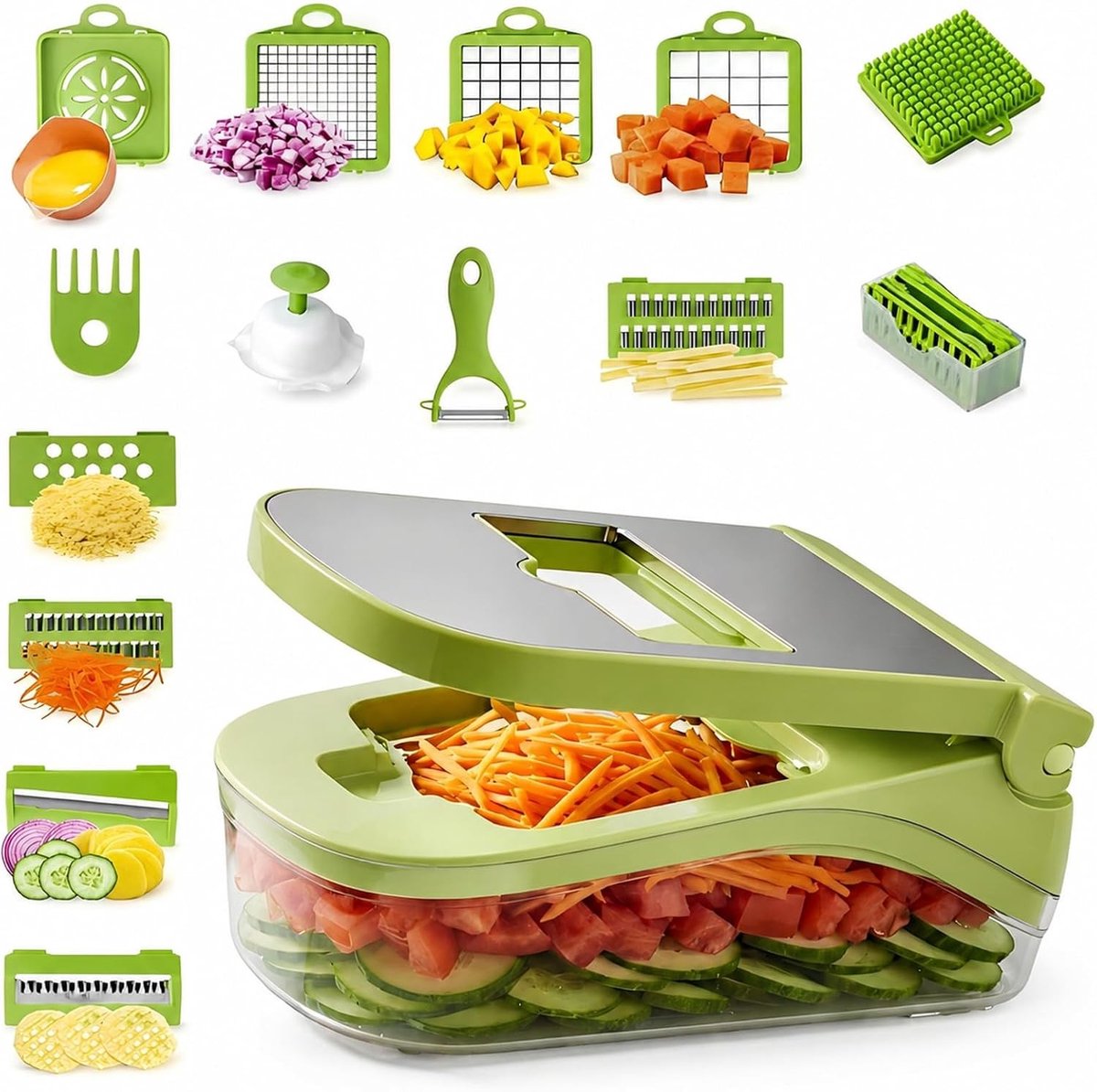 Compacte 17-in-1 Groentesnijder voor Julienne, Diced en Rasp - Ideaal voor Komkommers, Uien, Aardappelen en Fruit - Keukenaccessoires en Apparaten