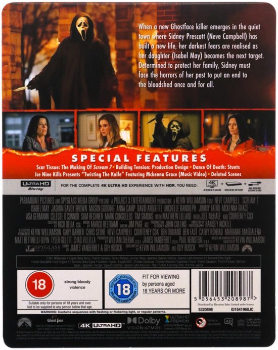Achterkant Steelbook met filminfo. Vier kleine afbeeldingen en de Scream 7 titel. 4K Ultra HD.