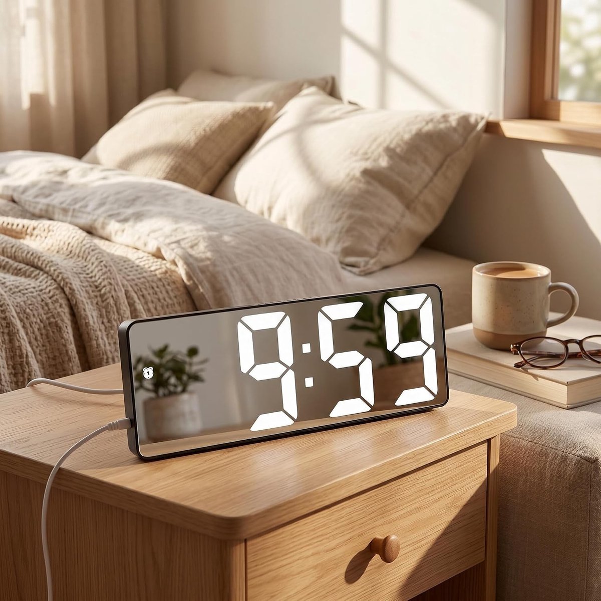 LED Spiegel Alarmklok met USB Oplaadfunctie, Stille Digitale Klok met Groot Display voor Slaapkamers en Kantoorruimtes, Modern Design en Rectangulaire Vorm