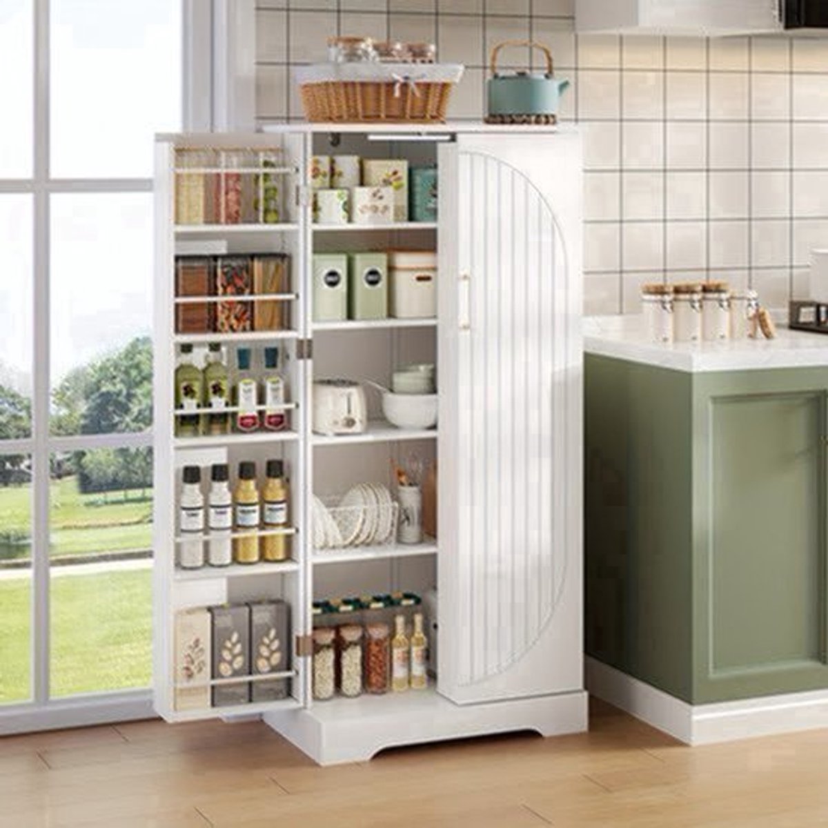 Witte Keukenkast – Opbergkast – Kast – Keukenmeubel – Stellingkast – Verstelbare Planken – Anti-Kantelbeveiliging – Metaal – 60x35x128 cm