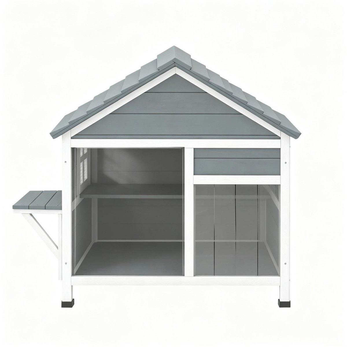 REDOM - Dierenhuis kattenhuis voor buiten - Schuin dak met volledig te openen bovenkant - Transparant acryl frontvenster en zij-ingang - Speel- en rustplatform - Tuin - Hout - Grijs - 101 x 72,5 x 81 cm