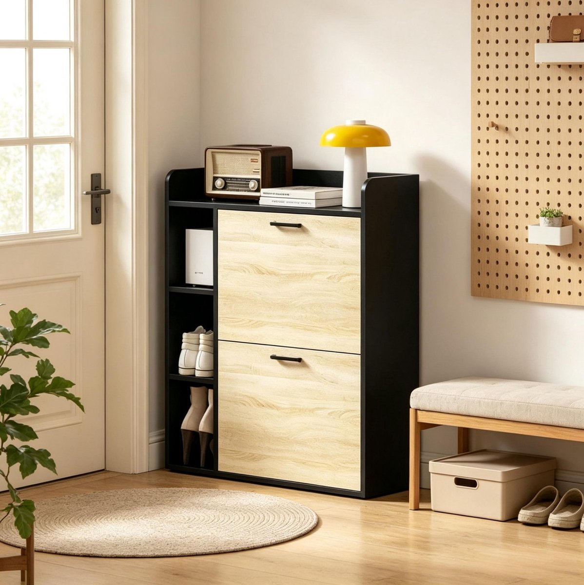REDOM - Schoenenkast - 2 kleppen - 3 open zijvakken - 15 paar - modern - hal - spaanplaat - zwart - natuurhout-effect - 83 x 24 x 90,5 cm