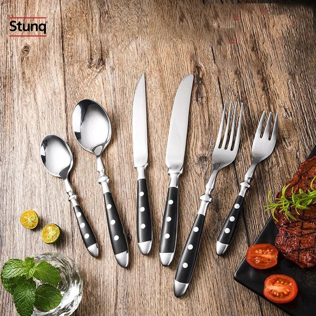 Stunq® Bestekset 6-delig Zwart RVS met Witte Stippen