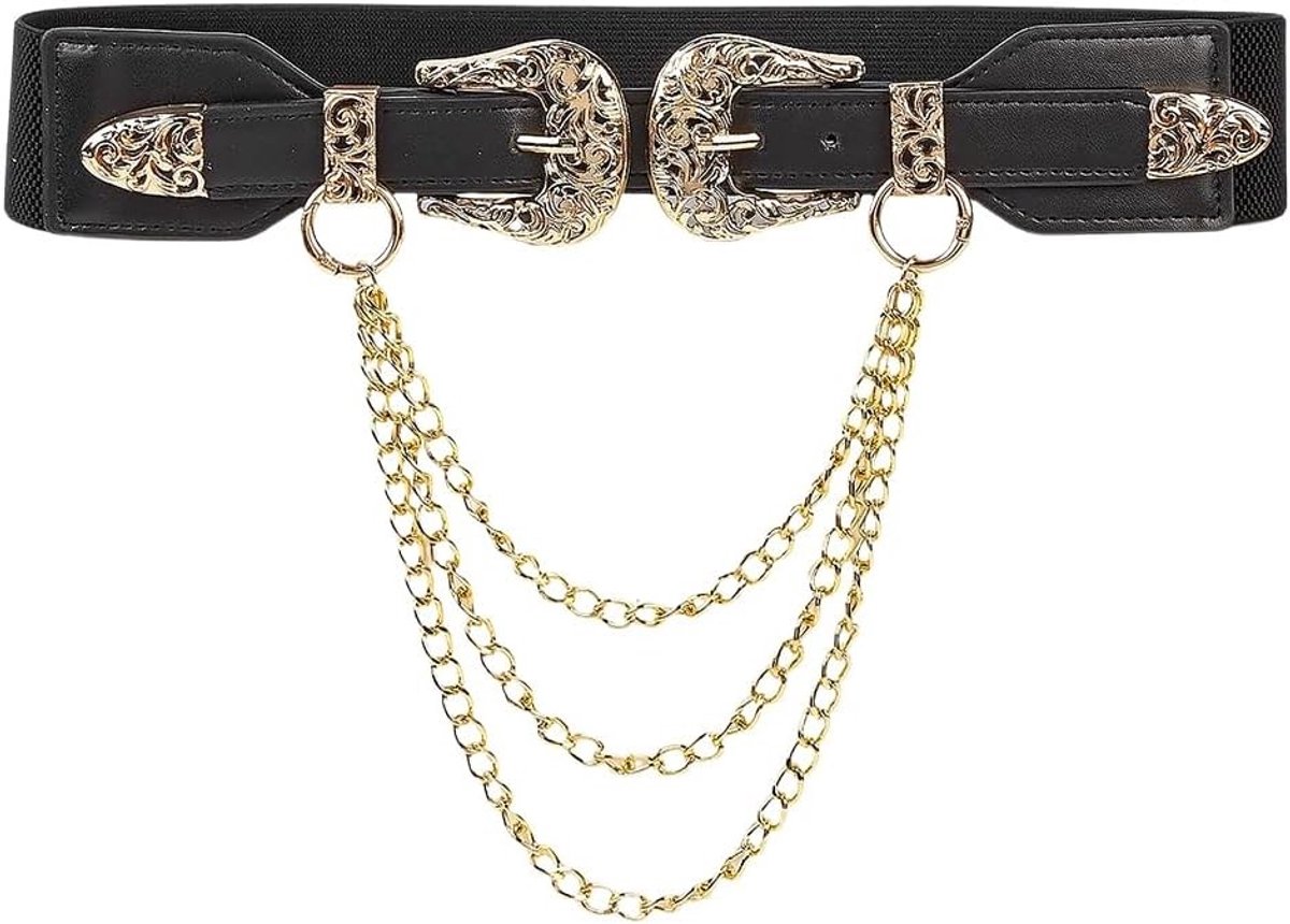 Elastische dubbele gesp taille riem voor dames - verstelbare PU leren vintage cowboy riem met gegraveerde gesp voor jeans en jurken