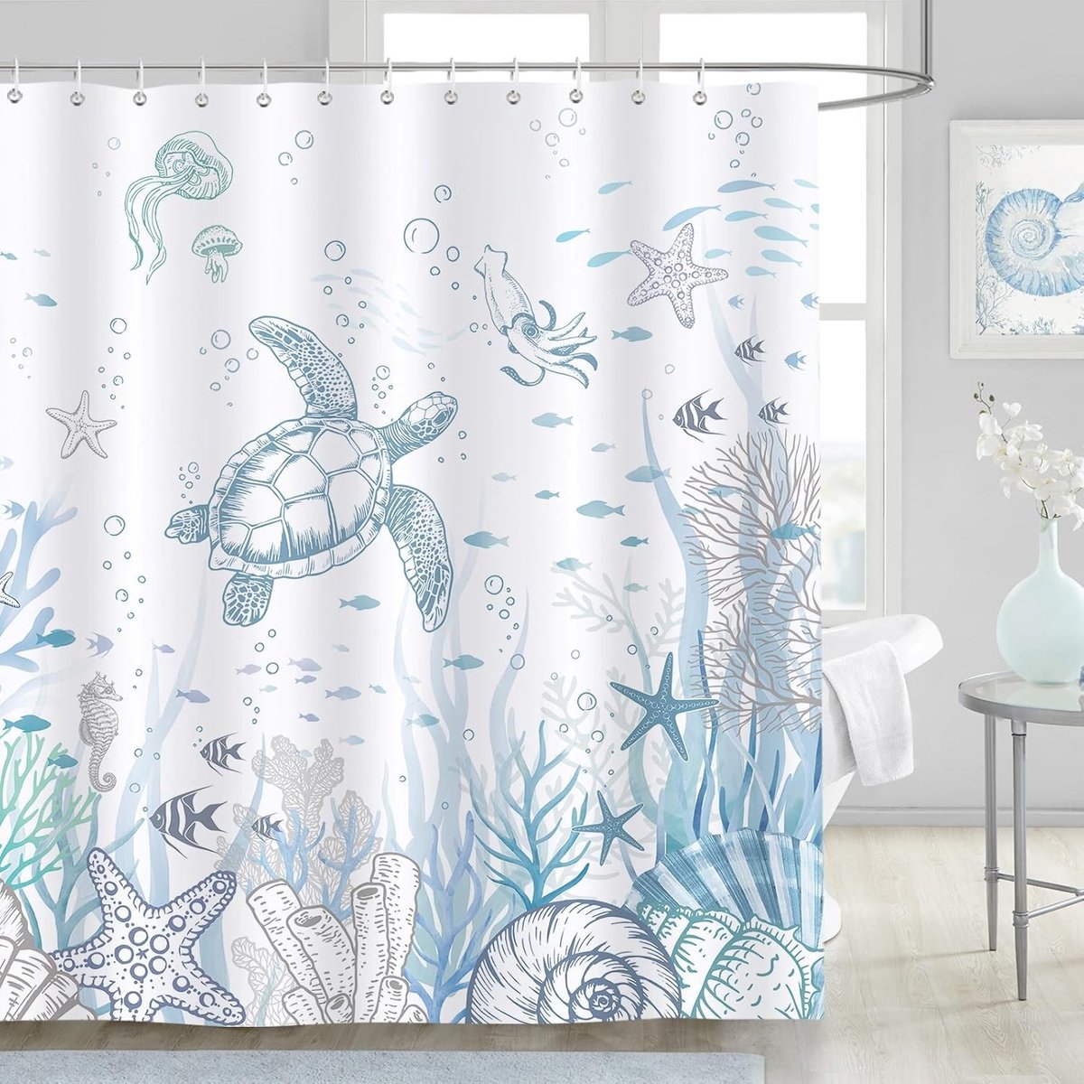Nautische Zeeschildpad Douchegordijn, Waterdicht Badkamer Gordijn 180x180cm, Schimmelbestendig Polyester met 12 Haakjes, Perfect voor Ocean-Thema Interieur
