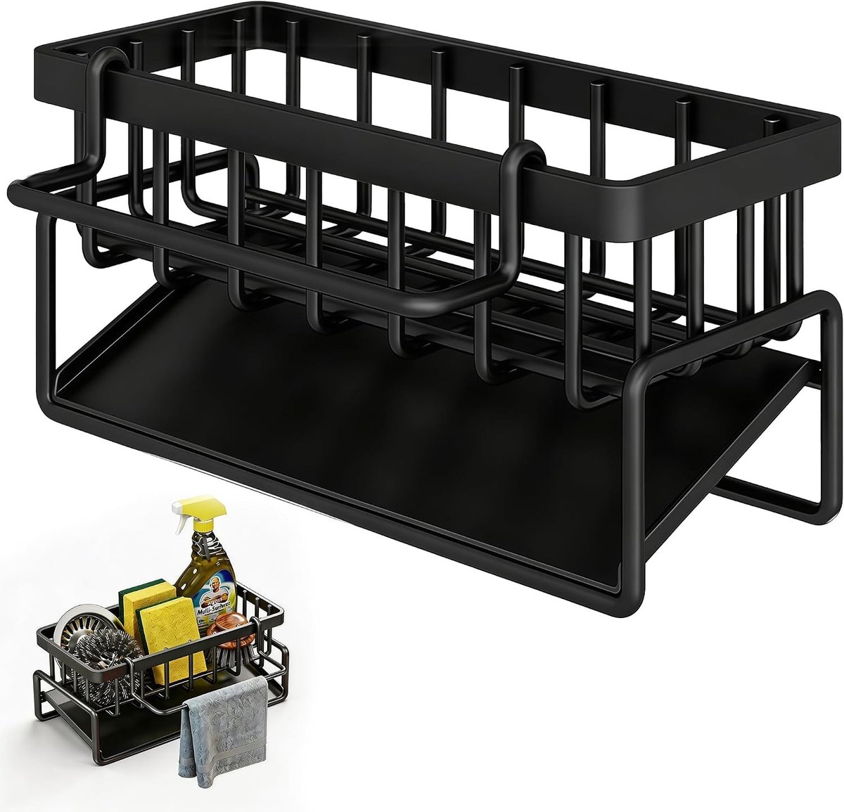 Praktische Keukenafval Organizer met Afneembare Houder, Metalen Afwasbak Organizer met Automatische Afvoer en Wandmontage (Zwart)