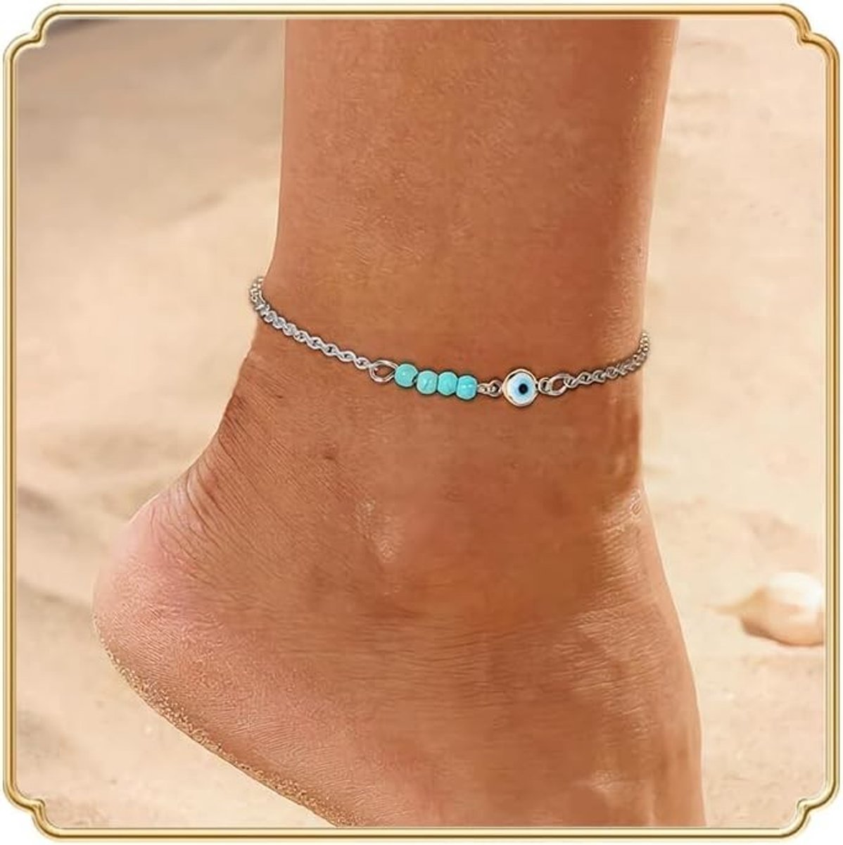 Boho Turquoise Evil Eye Enkelband met Parels - Zomer Strand Sandaal Sieraden voor Vrouwen, Trendy en Uniek