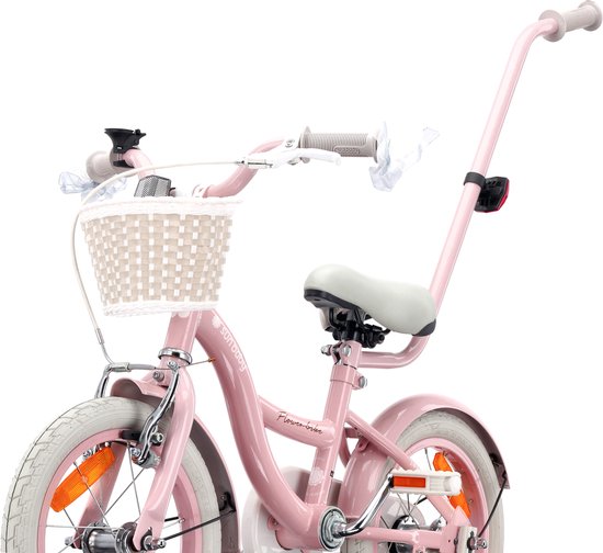 Flower Bike Fiets voor een meisje van 3 tot 5 jaar, 14 inch Roze, met fietsbel, zijwieltjes, duwstang en stuurmandje van Flower Bike — afbeelding 2